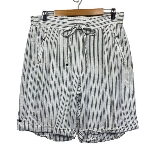 Rockmans Linen Shorts Size 14 White Black Striped Zipped Pockets Preloved