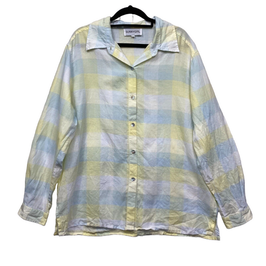 Sunnygirl Linen Top Size Large Check Button Up Collared Preloved