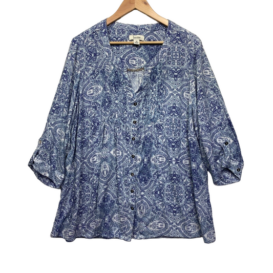 beme Top Size 16 Plus Blue Paisley Button Up Roll Tab Sleeve Preloved