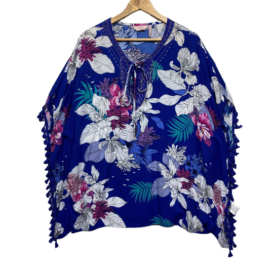 Millers Kaftan Top Size 16 Plus Blue Floral Fringe Swim Cover Up Preloved