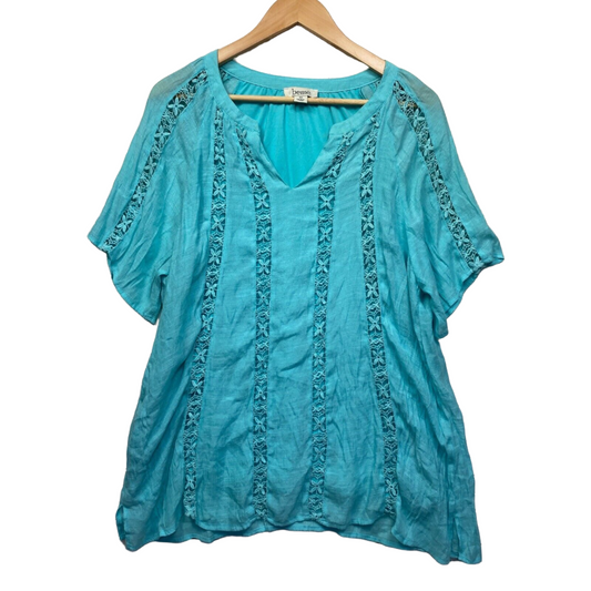 beme Top Size 18 Plus Blue Tunic Short Sleeve Crochet Embroidered Boho Preloved