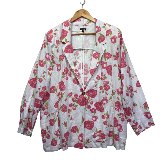 Emerge Jacket Blazer 22 Plus White Pink Floral Long Sleeve Pockets Linen Blend Preloved