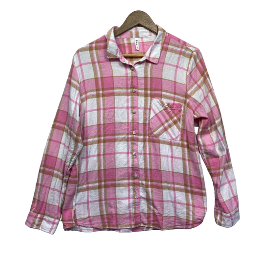 & Me Top Size 14 Pink White Check Striped Flannel Collared Long Sleeve Preloved