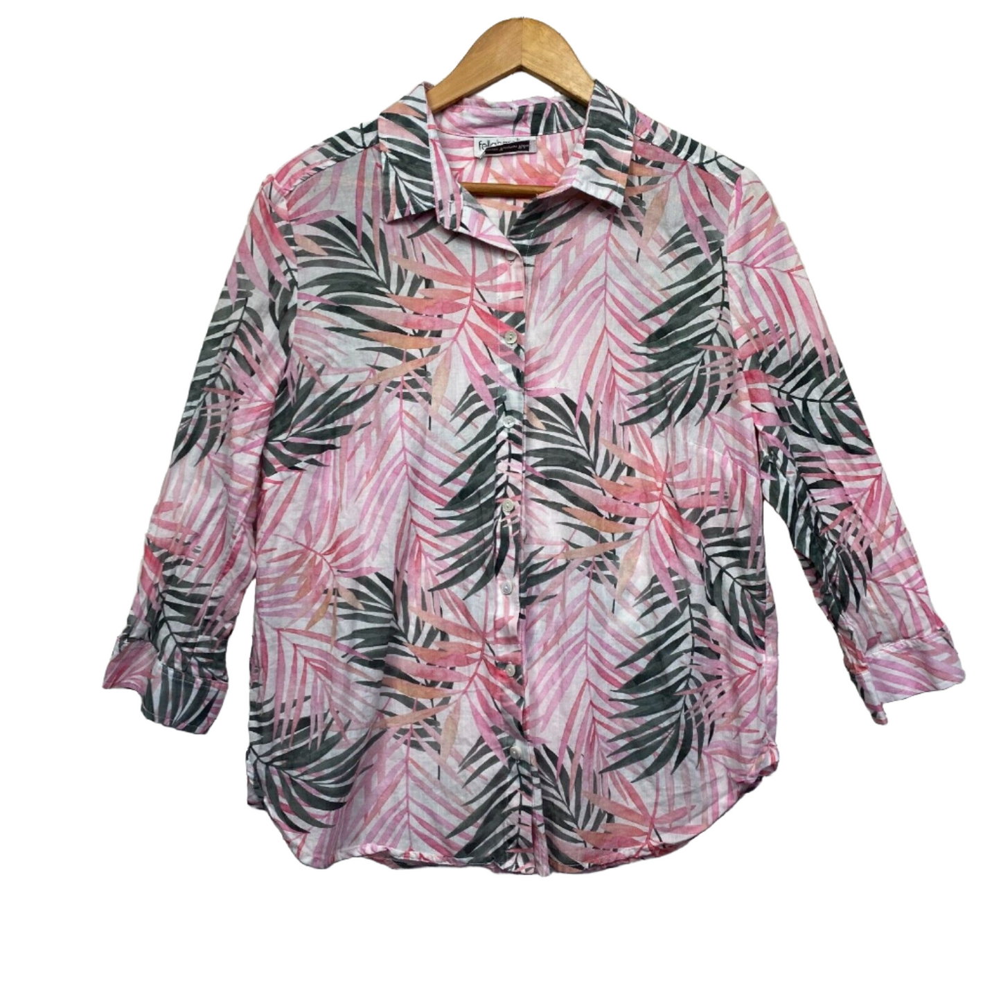 Fella Hamilton Top Size 14 Floral Leaf Button Up Cotton Pink Black Made in Australia Preloved