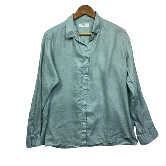 Uniqlo Linen Top Size 14 Large Green Long Sleeve Button Up Collared Preloved