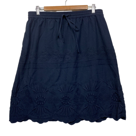 Sussan Skirt Size 14 Blue Navy Cotton Embroidered A-line Lined Drawstring Waist