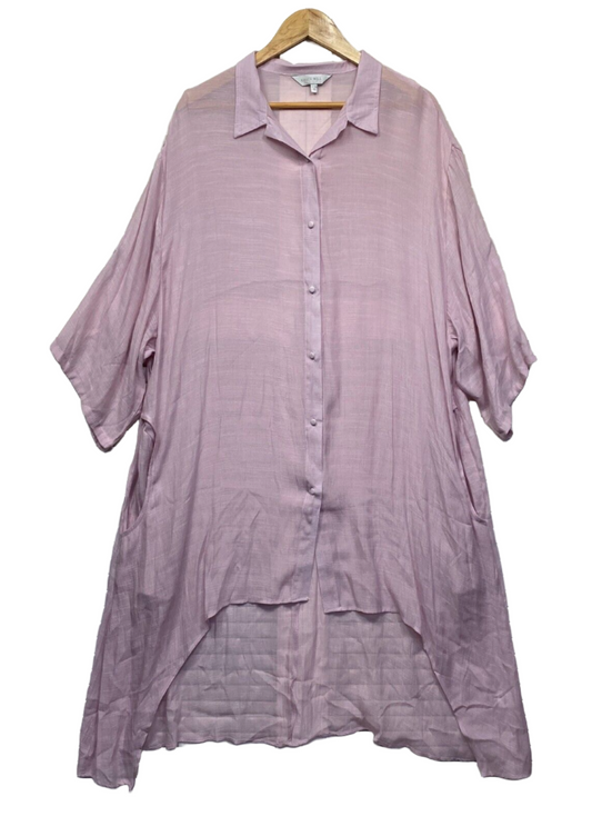 Grace Hill Top Size 22 Plus Pink Sheer Longline Button Up Long Sleeve Pockets Preloved