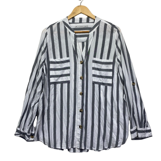 Target Top Size 20 Plus Grey White Striped Button Up Long Sleeve Viscose Preloved