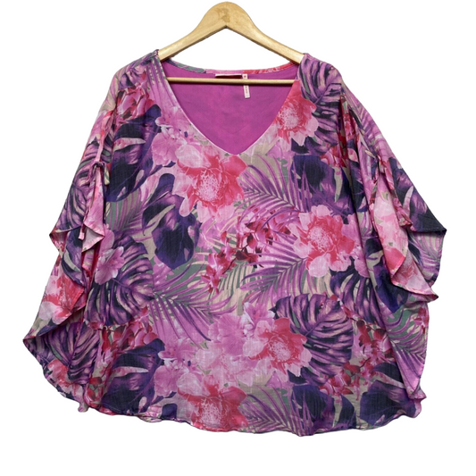 Millers Top Size 18 Plus Pink Floral Kaftan Sheer Overlay Lined Preloved