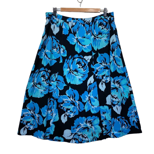 Noni B Skirt Size 14 Black Blue Floral Midi Length Lined Zip Up Preloved