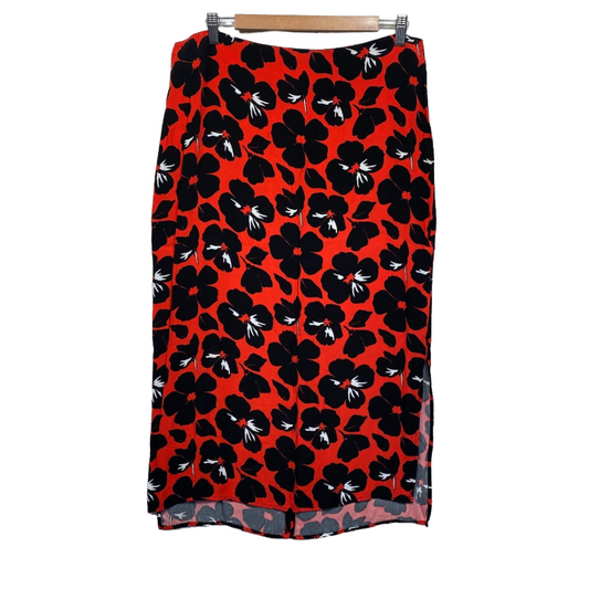 Piper Skirt Size 16 Plus Red Black Floral Straight Midi Length Viscose Preloved