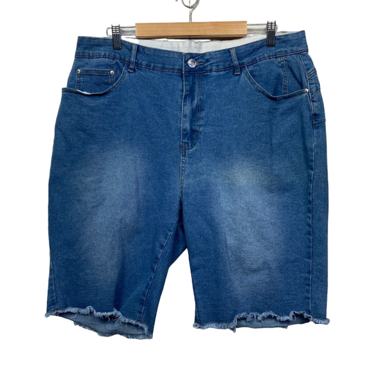 beme Denim Shorts Size 18 Plus Blue Cut Off Frayed Hem Pockets Elastic Waist