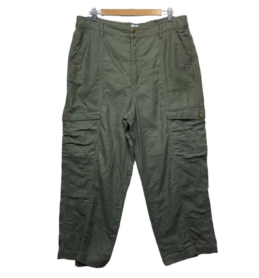 Just Jeans Linen Pants Size 16 Green Cargo Pockets Straight Leg Drawstring Zip Preloved