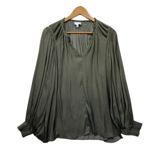 Witchery Top Size 14 Green Olive Long Sleeve Pleated Cocktail Business Preloved