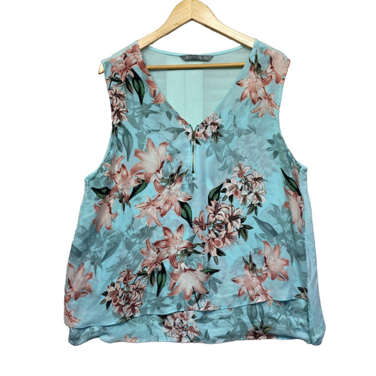 Katies Top Size 2XL 18 Plus Blue Floral Sleeveless Layered V Neck Preloved