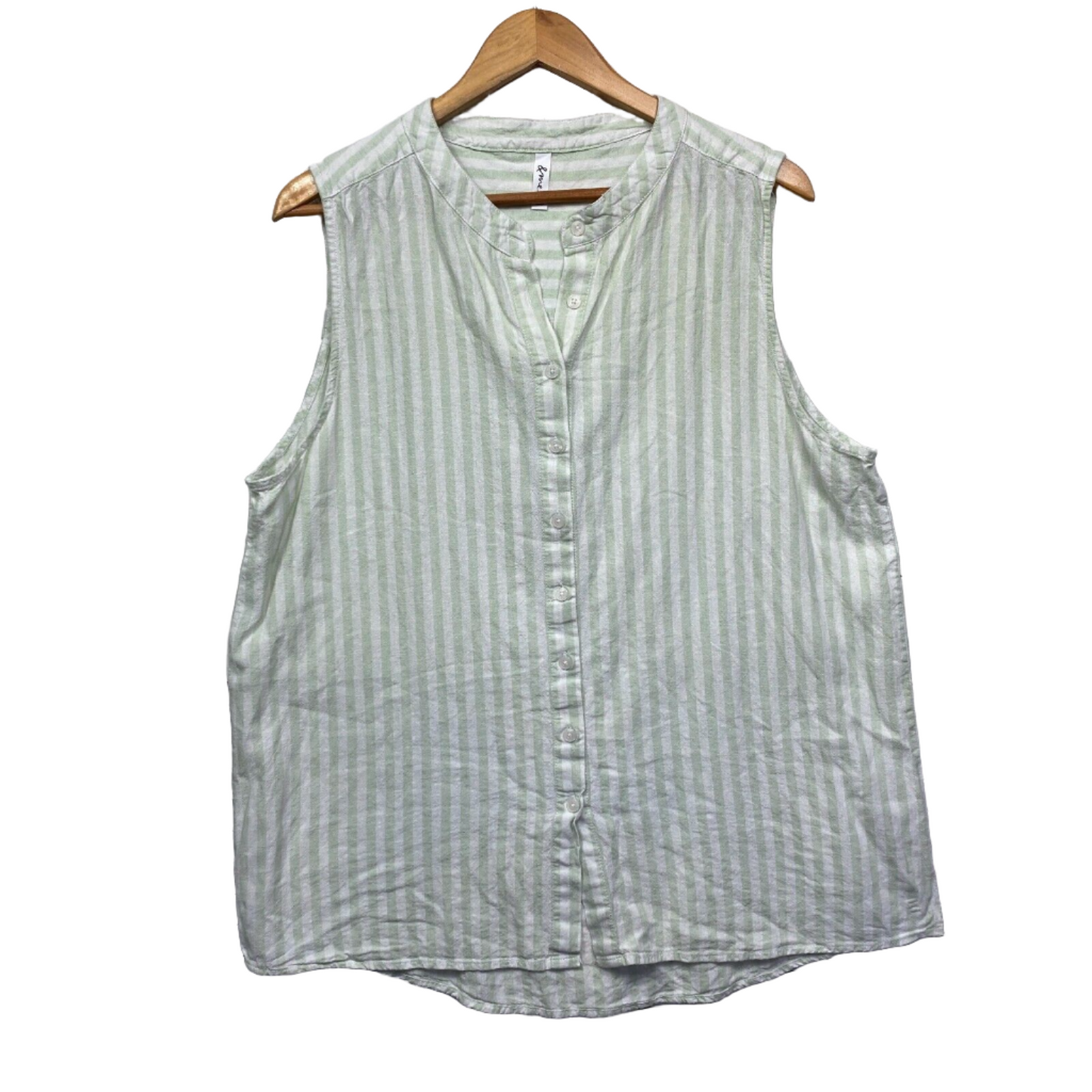 & Me Top Size 16 Plus Green White Striped Linen Blend Sleeveless Preloved