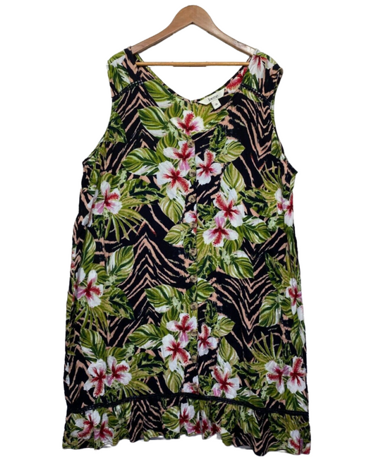 beme Dress Size 20 Plus Black Floral Sleeveless Long Shift Viscose V Neck