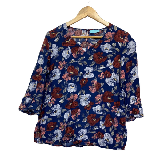 Blue Illusion Top Womens Medium Blue Floral Rayon Long Sleeve