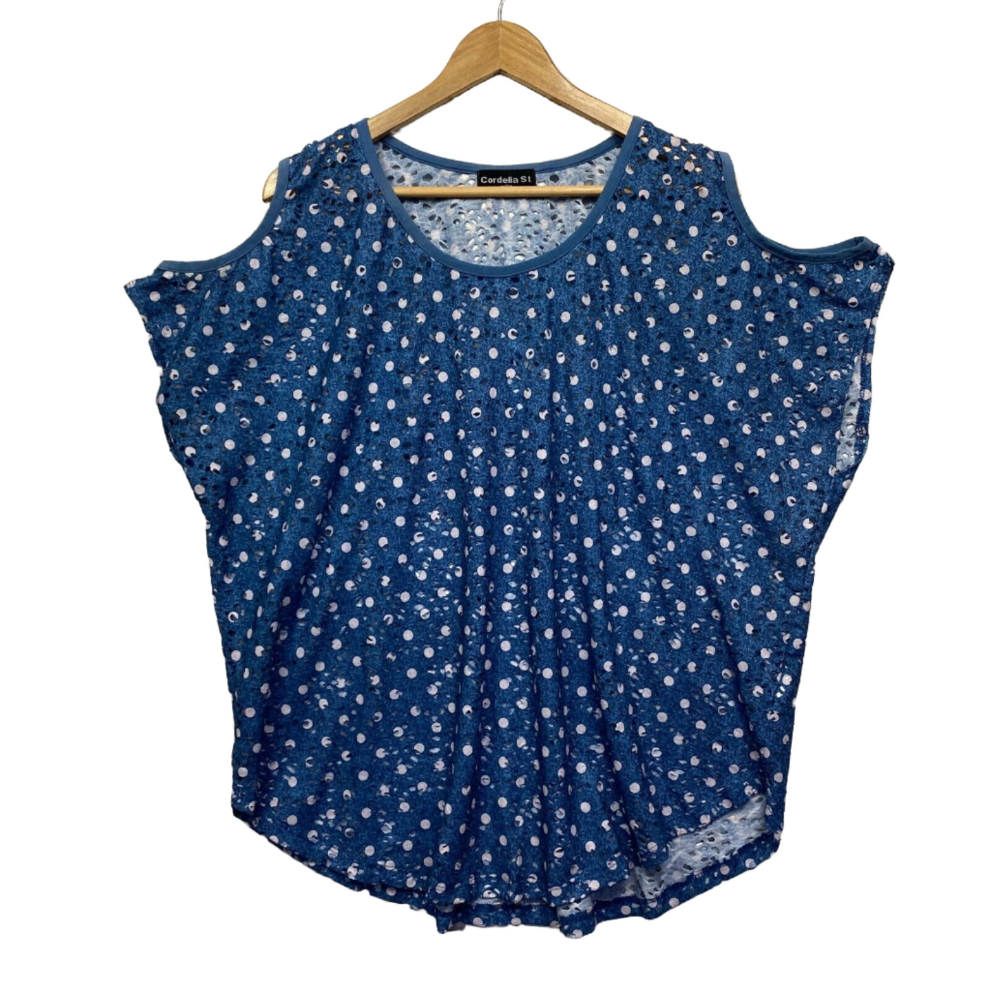 Cordelia St Top Size 18 Plus Blue White Polka Dots Cold Shoulder Sleeve