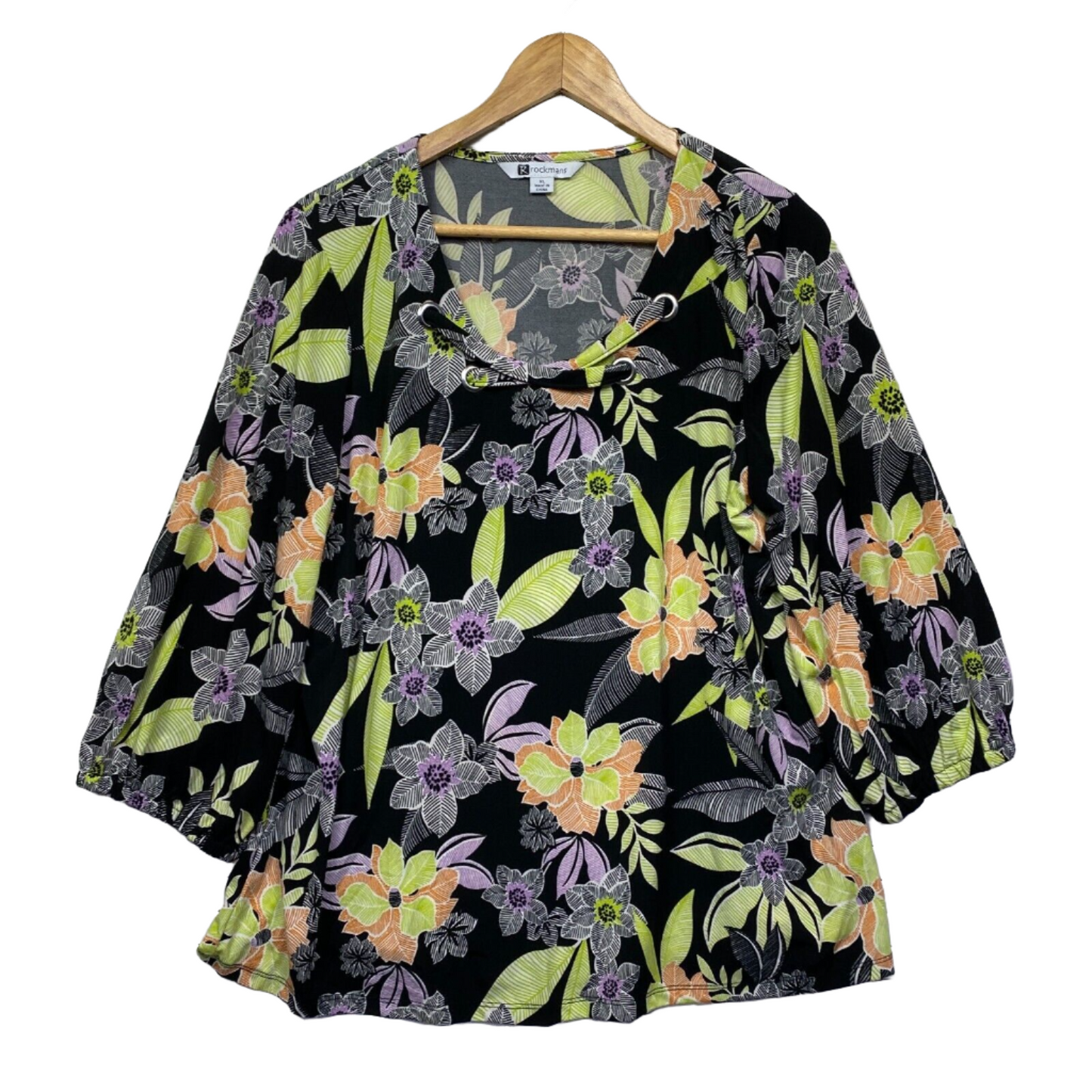 Rockmans Top Size XL Plus Black Yellow Floral Long Sleeve Casual