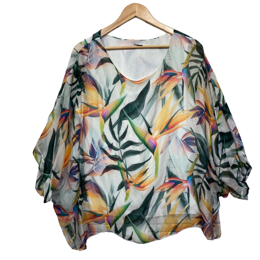 Jenny Jazz Made in Italy Top One Size 14 Silk Blend Floral Kaftan Long Sleeve