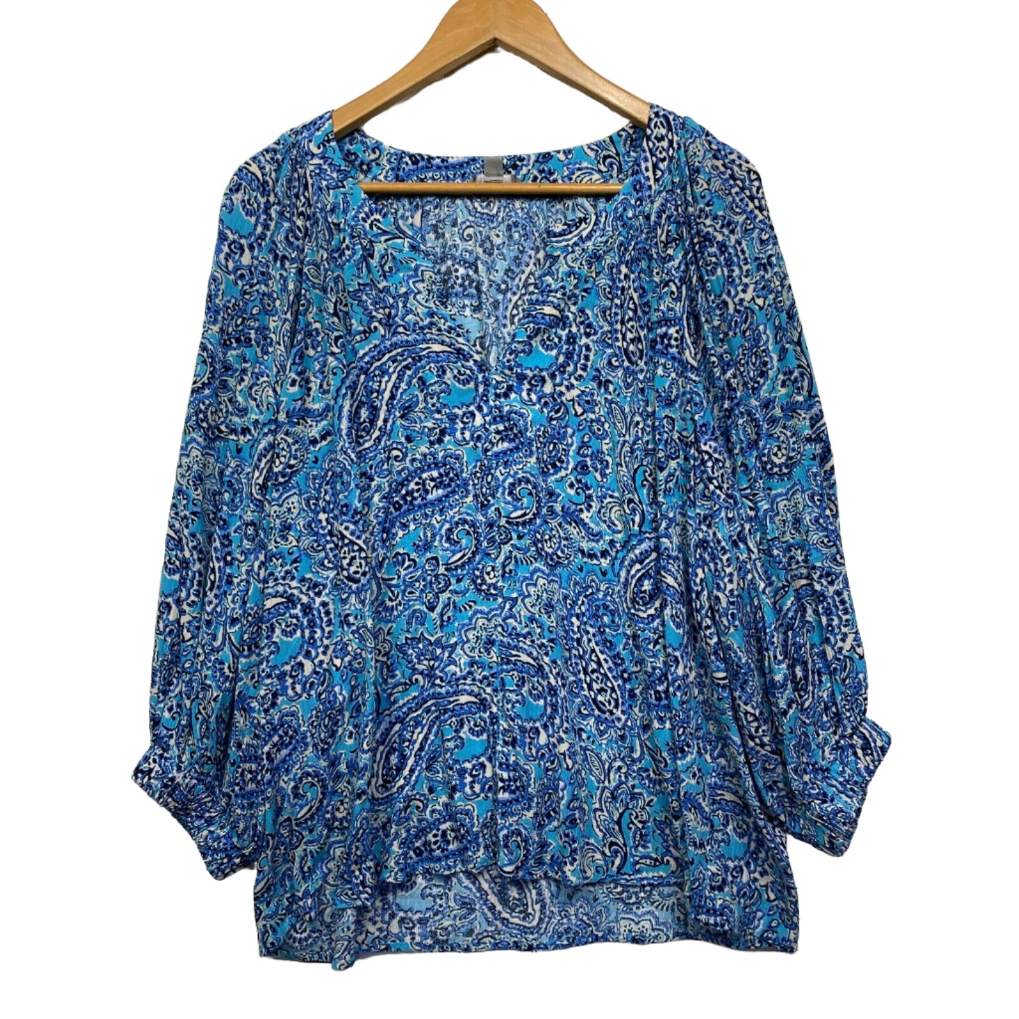 Suzanne Grae Top Size 14 Blue Long Sleeve Paisley Viscose