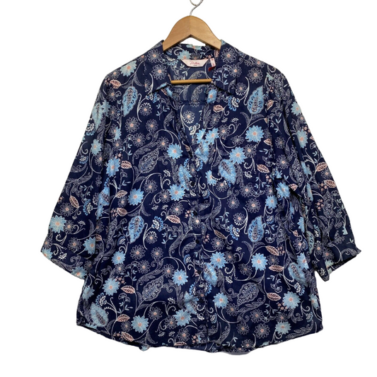 Millers Top Size 16 Plus Blue Long Sleeve Button Up Floral Paisley Print Cotton