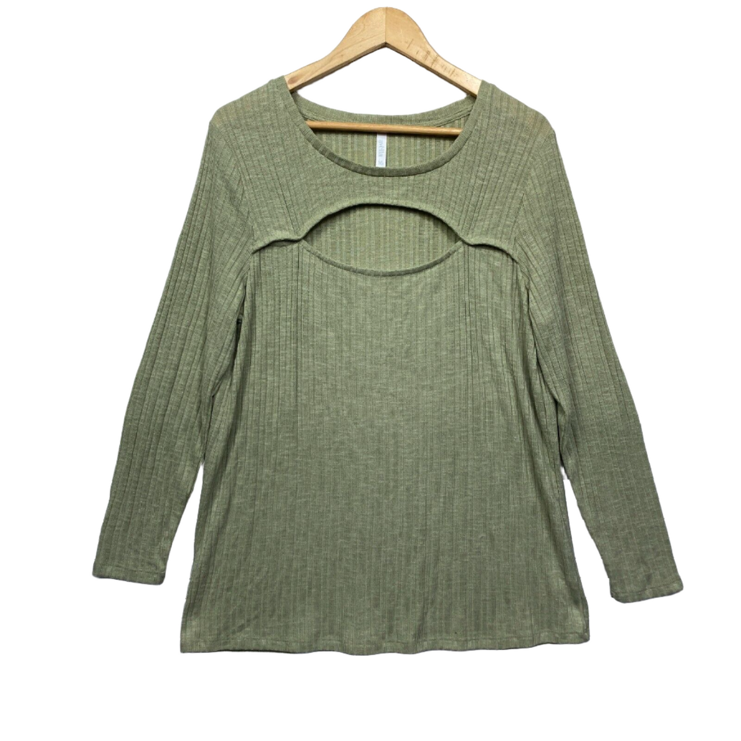 Avella Top Size 16 Green Cut Out Long Sleeve Cotton Blend Ribbed Casual