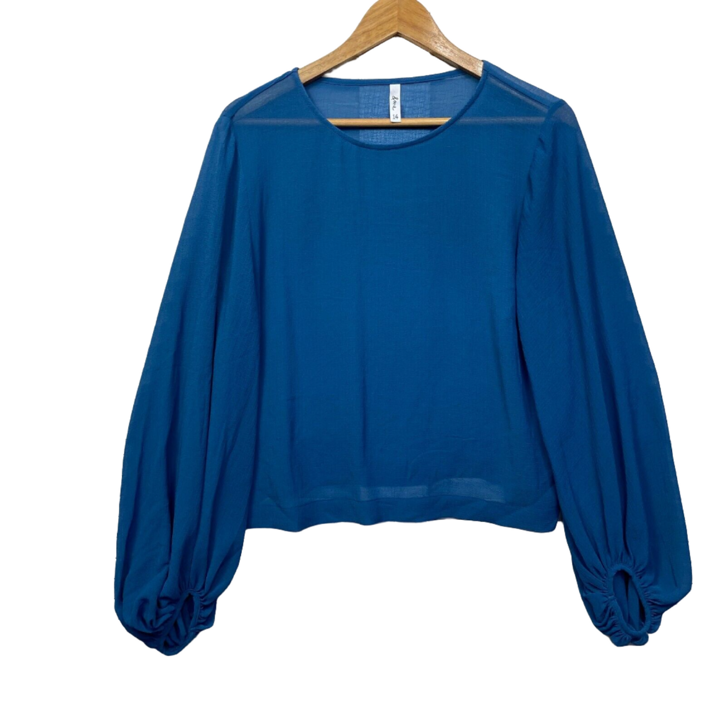 & Me Top Womens 14 Blue Billow Long Sleeve Sheer Ladies Casual Blouse