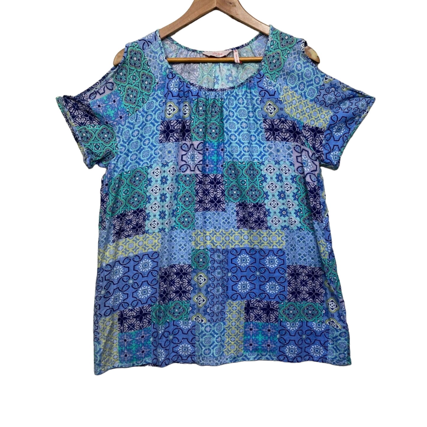 Millers Top Size 16 Blue Patchwork Print Cold Shoulder Short Sleeve Viscose