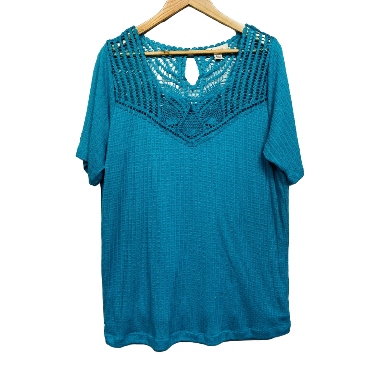 beme Plus Size Top Size 14 Plus XS Blue Green Teal Crochet Neck Short Sleeve