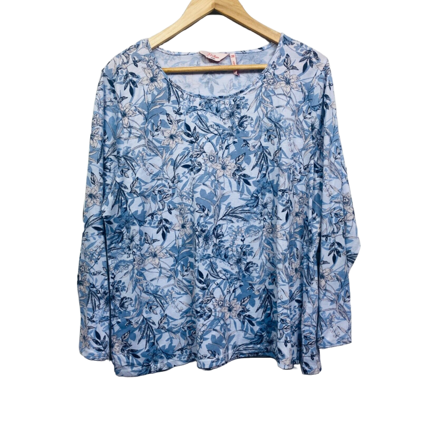 Millers Top Size 20 Plus Blue Long Sleeve Round Neck Floral