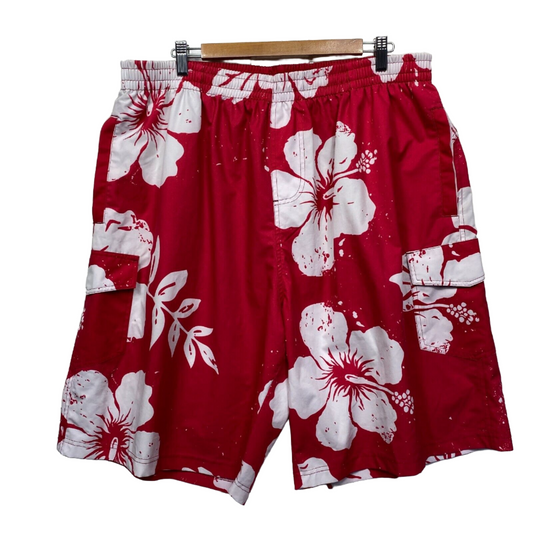 Hawaiian Board Shorts Mens 117 Plus Red White Floral Tropical Swim Bronco Vintage