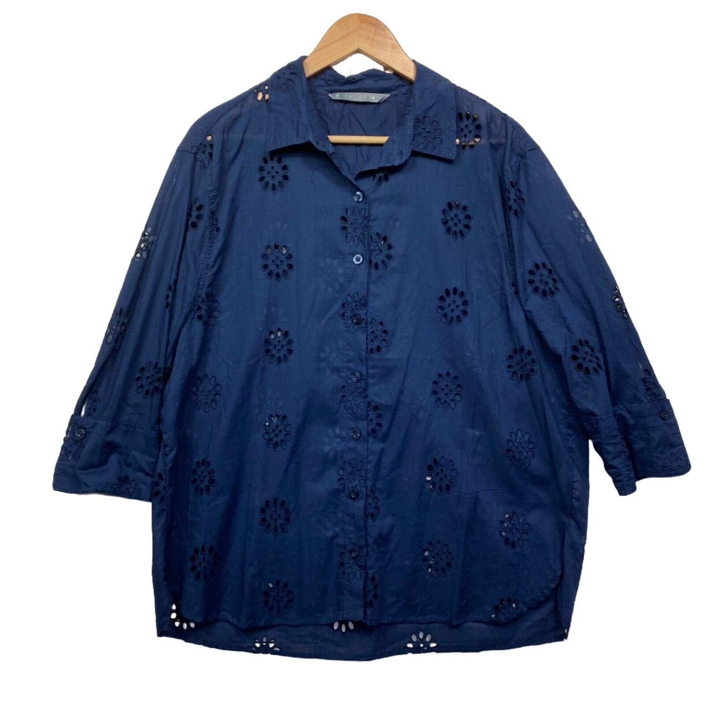 Katies Top Size 14 Navy Embroidered Button Up Long Sleeve Collared