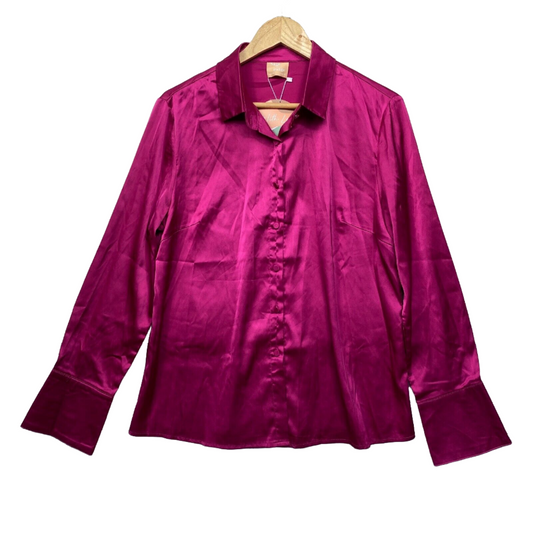 Sage & Paige Top Size 14 Pink Fuchsia Button Up Collared Long Sleeve Satin New