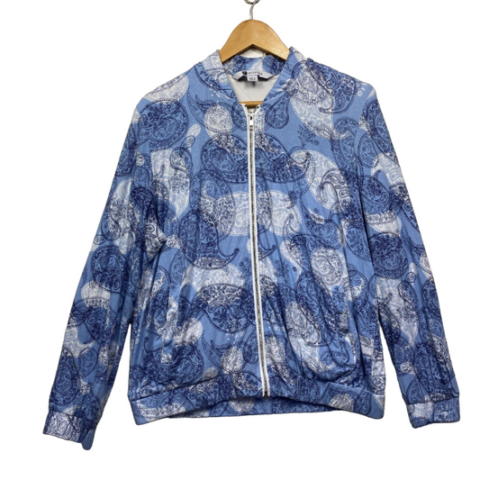 Rockmans Jumper Jacket Large Blue Paisley Print Full Zip Up Pockets