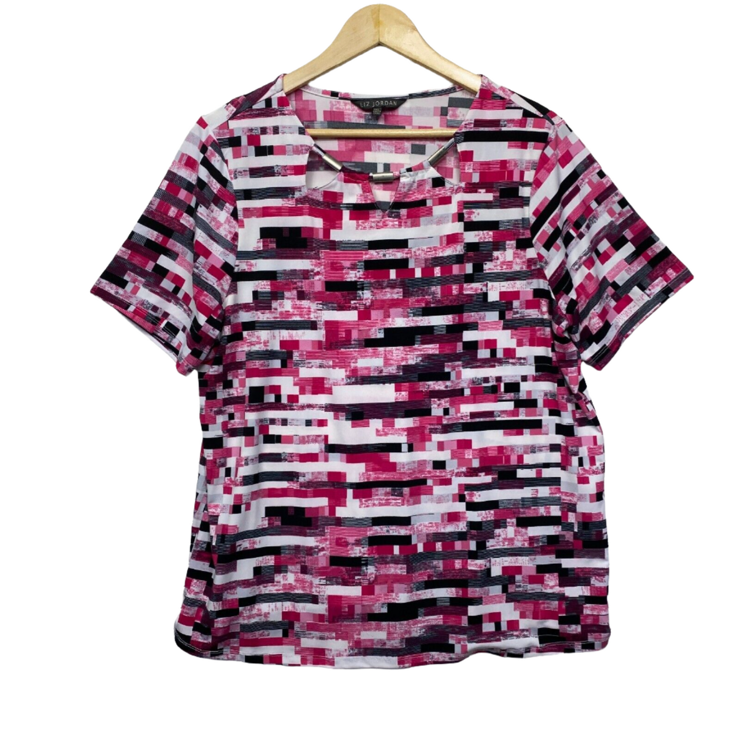 Liz Jordan Top Size 16 1XL Plus Pink Black White Short Sleeve