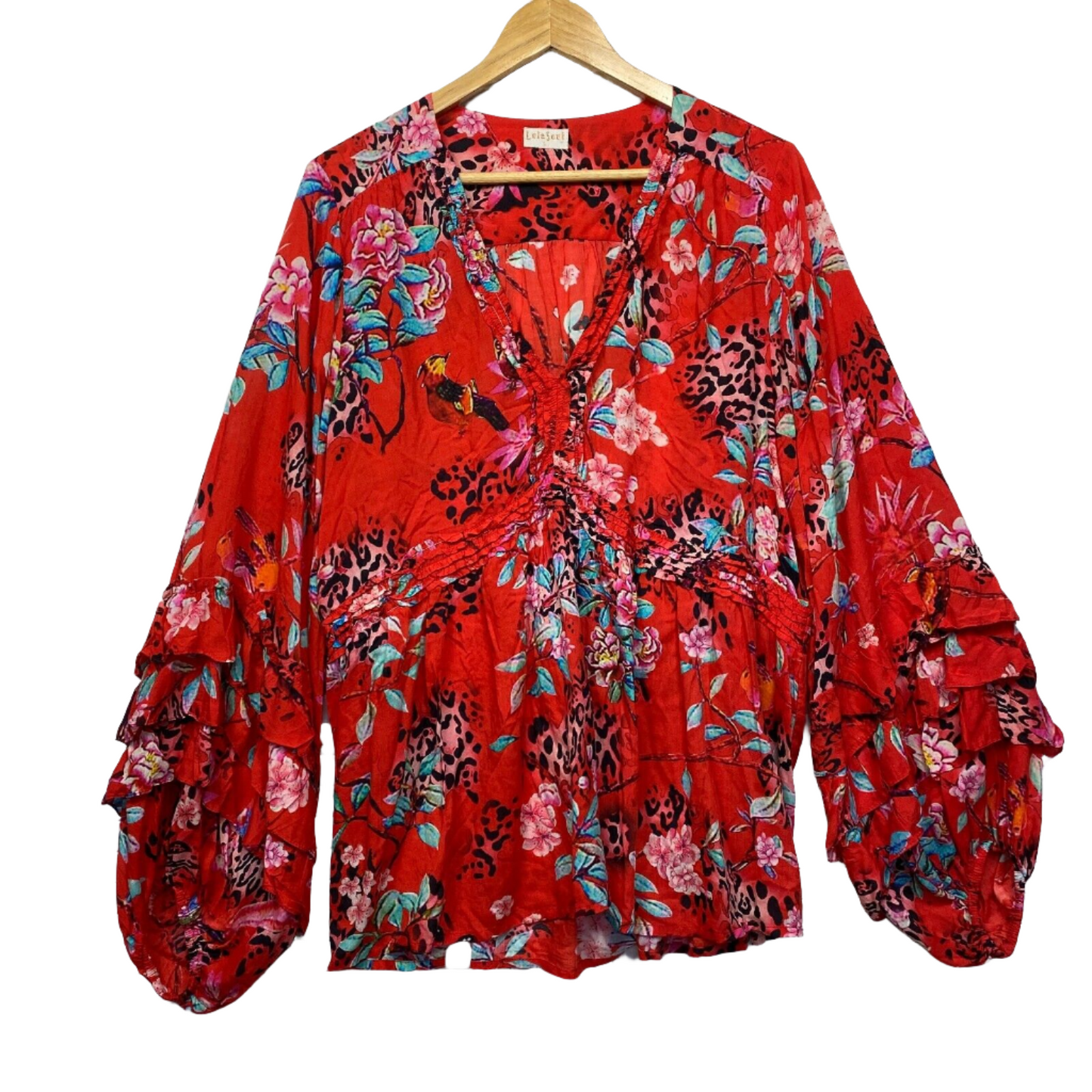 Lulu Soul Top Size Large Red Floral Long Sleeve Billow Oversized Sleeve