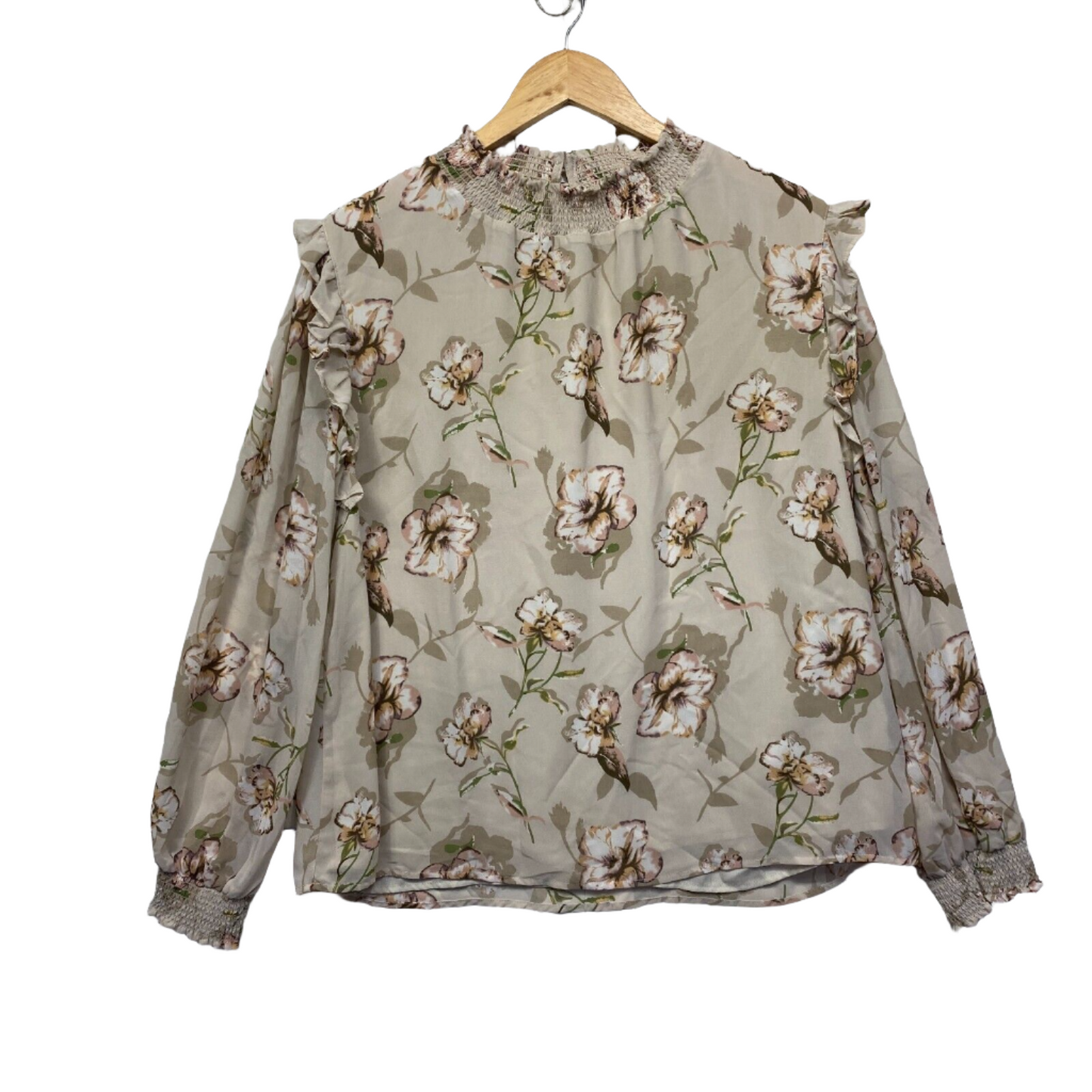 Portmans Top Size 16 Beige Floral Long Sleeve High Neck Ruffle Office