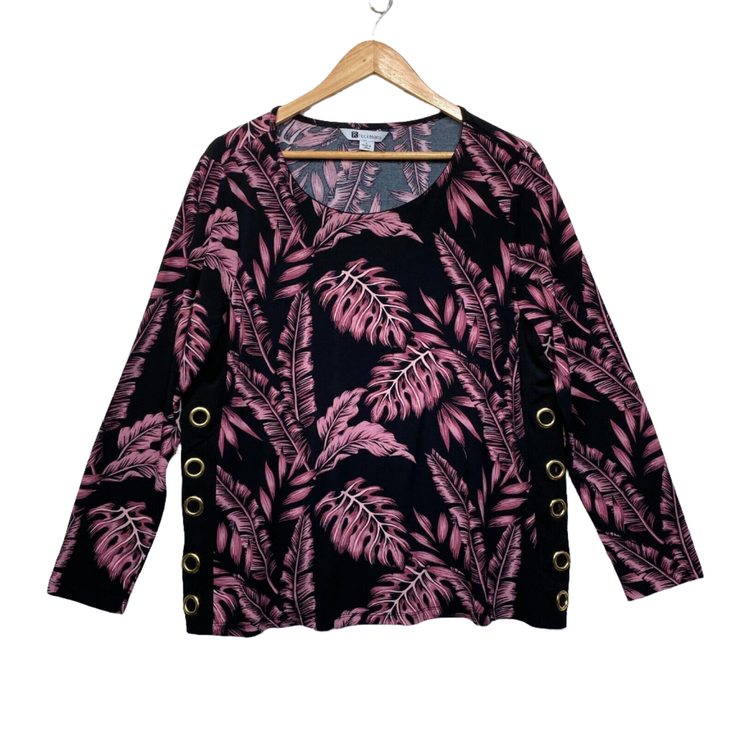 Rockmans Top Size Large Black Pink Floral Leaf Print Long Sleeve