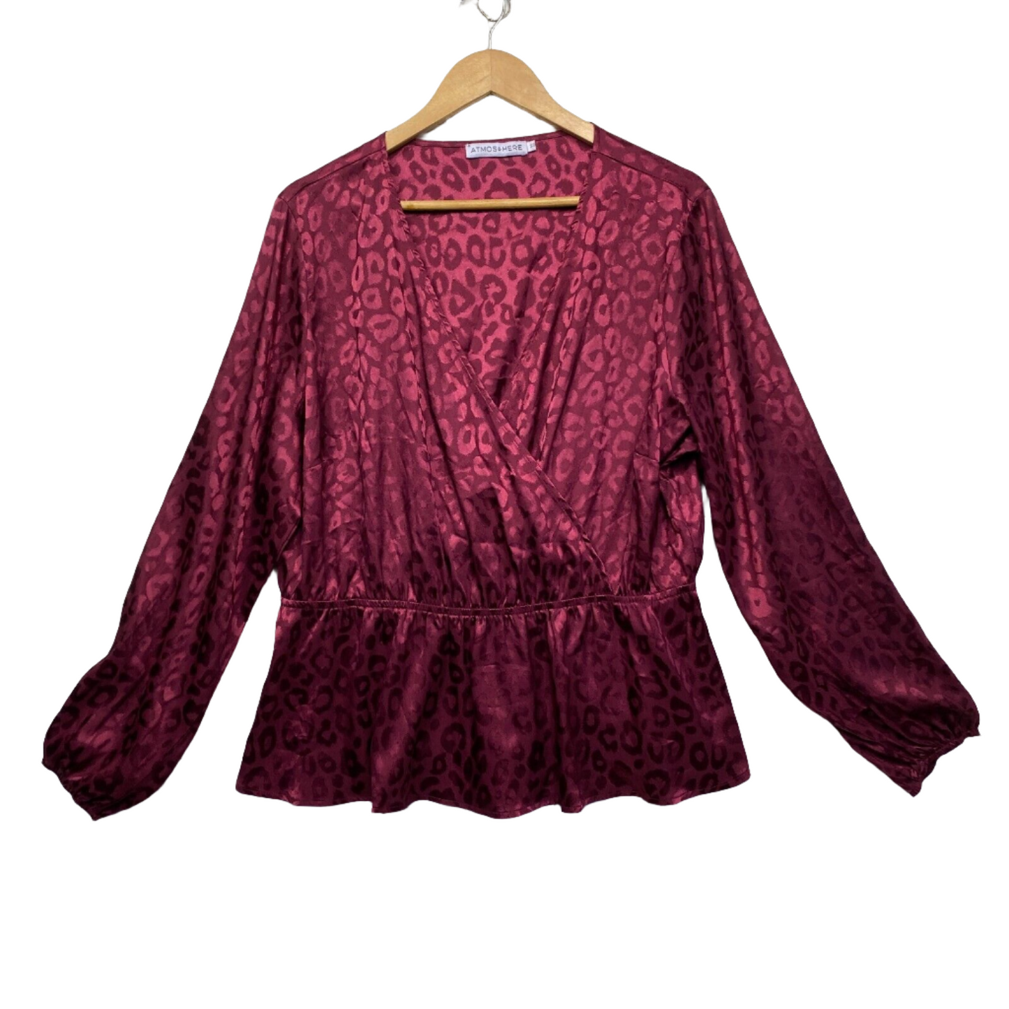 Atmos & Here Top Size 22 Long Sleeve Shiny Elastic Waist V Neck Maroon