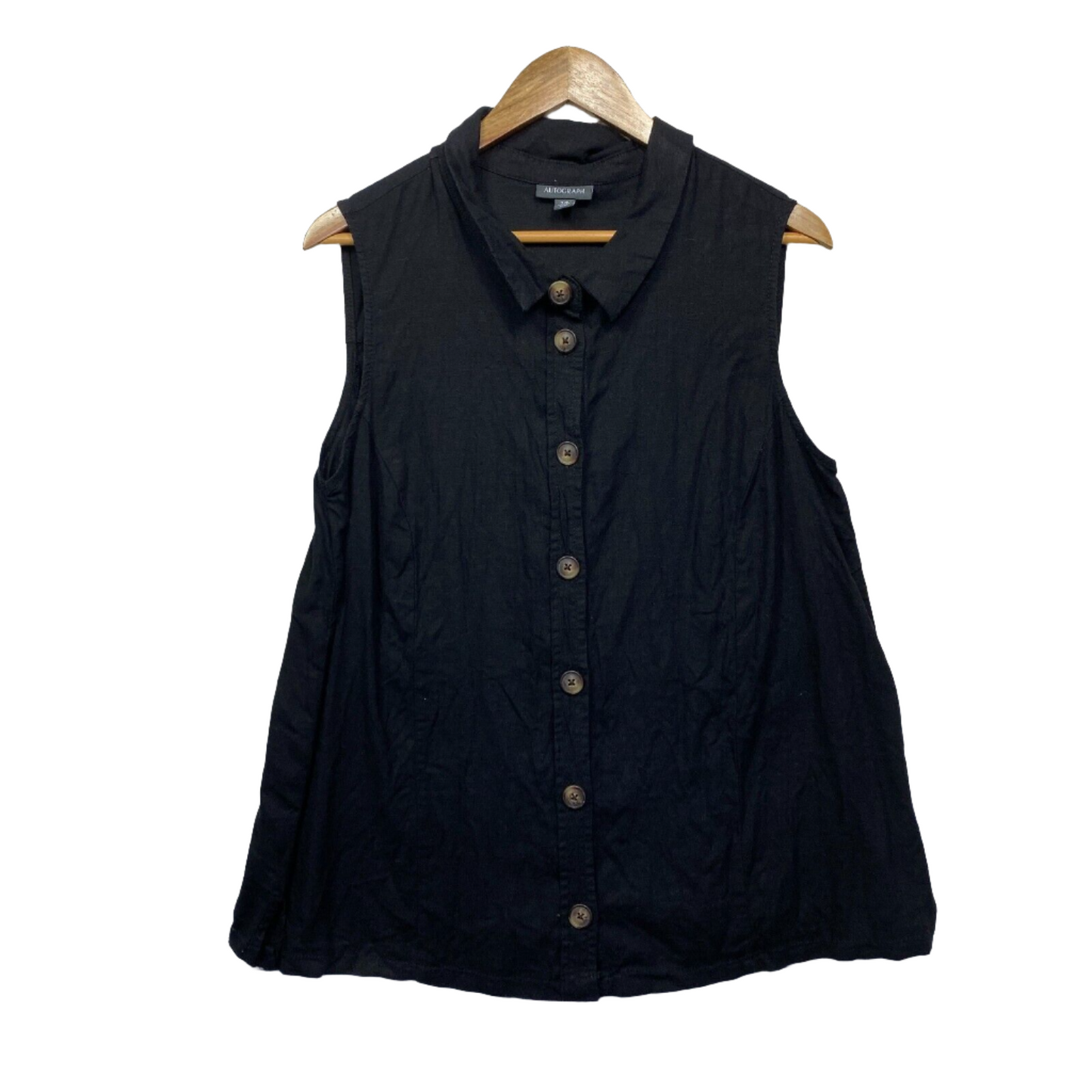 Autograph Top Size 14 Plus Black Sleeveless Linen Blend Button Up