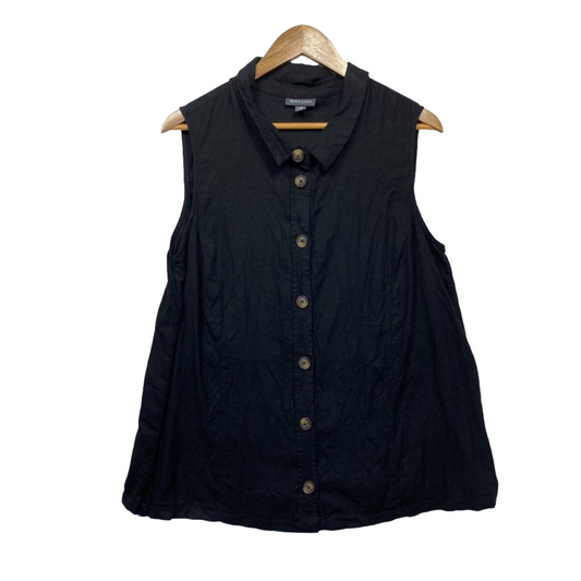 Autograph Top Size 14 Plus Black Sleeveless Linen Blend Button Up