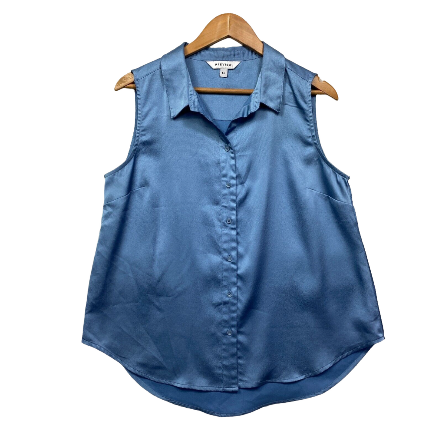 Preview Top Size 14 Blue Sleeveless Button Up Collared Shiny Office