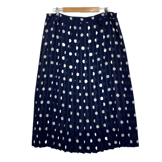 Vintage Skirt Size 14 Navy White Polka Dots Pleated Lined Elastic Waist