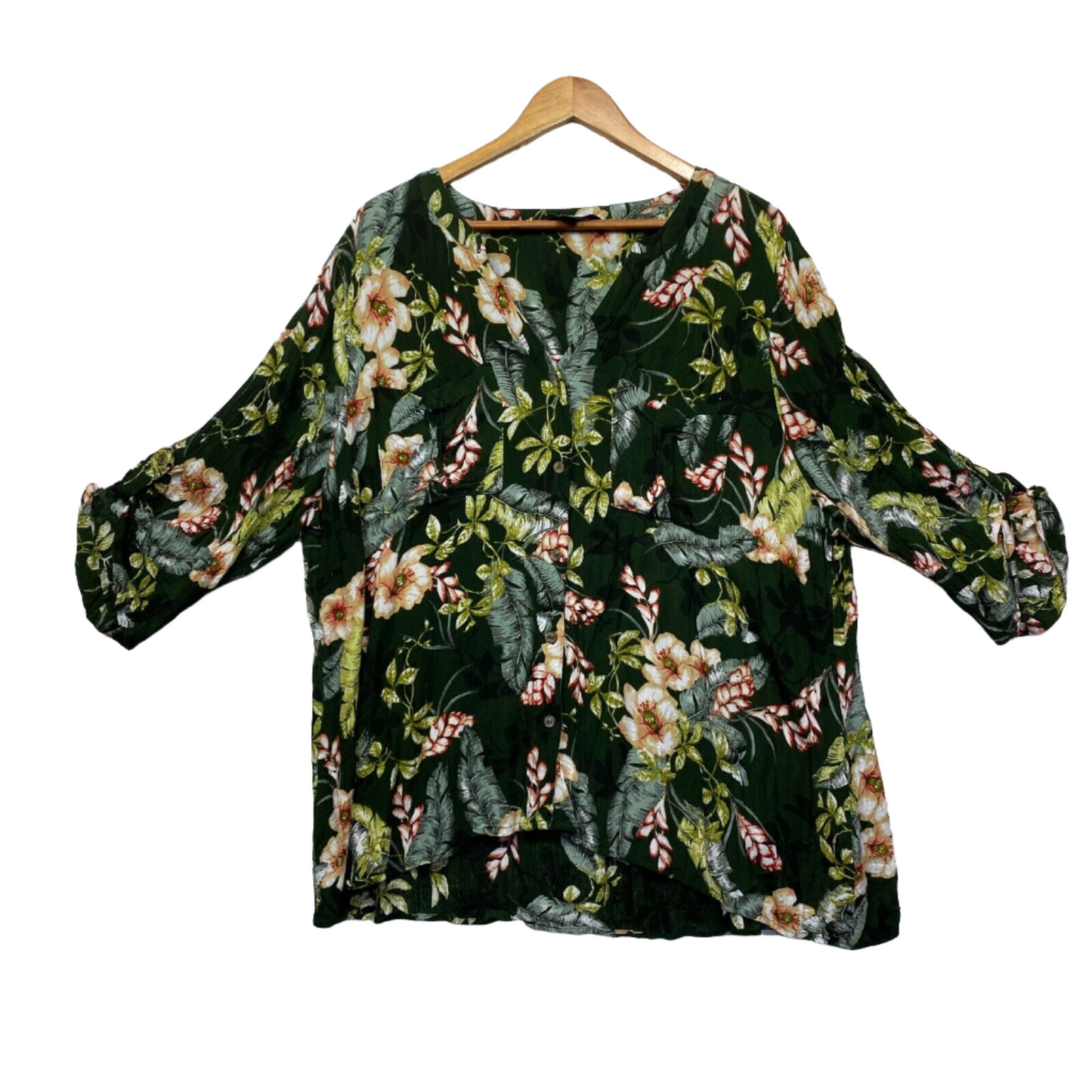 beme Top Size 20 Plus Green Long Sleeve V Neck Floral