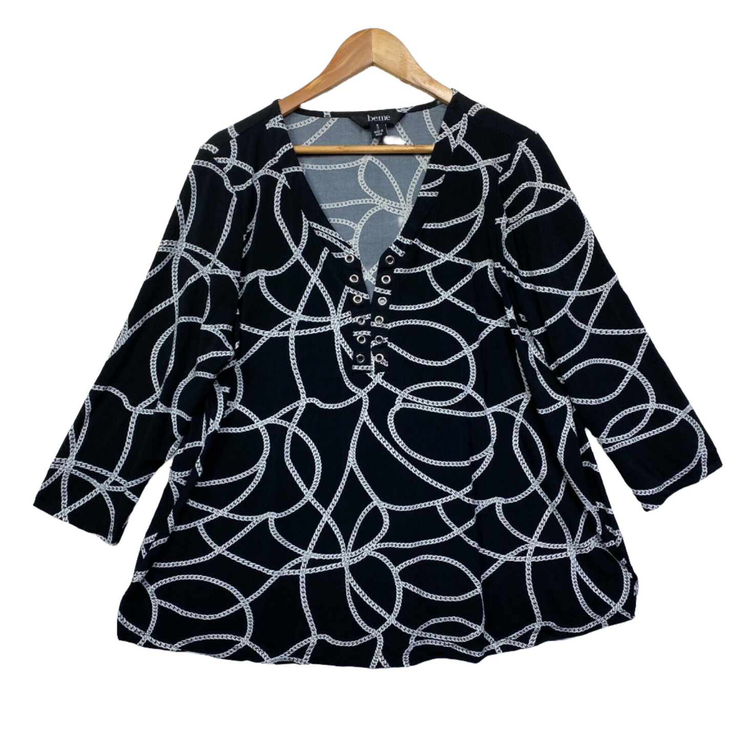 beme Top Size 16 Plus Small Black White Long Sleeve Rope Chain Print