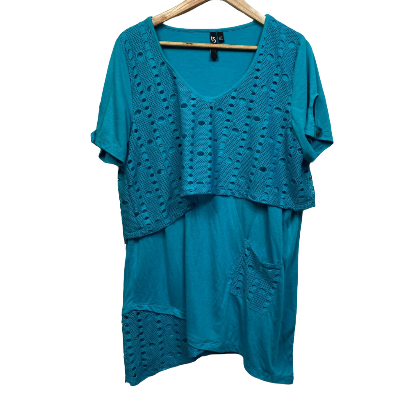 Taking Shape Top Size 16 Plus Blue Teal Short Sleeve V Neck Layered Tunic