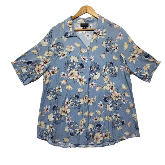 Autograph Top Size 14 Plus Blue Floral Short Sleeve Tunic Collared