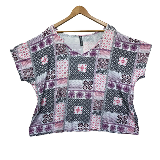 Edited Top Size 22 Plus Pink White Patchwork Print Short Sleeve Cotton